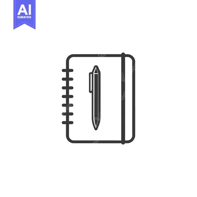 Aset desain premium: Black and White Line Art Illustration of a Notebook with a Pen
