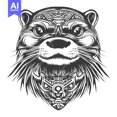 Aset desain premium: Black and White Line Art Illustration of an Otter's Face