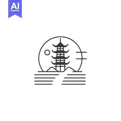 Popular premium asset: Black and White Line Art Illustration of a Pagoda with a Circle and Mo