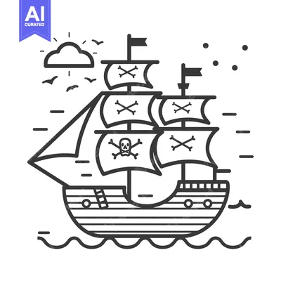 Aset premium populer: Black and white line art illustration of a pirate ship sailing on the