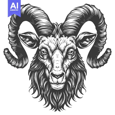 Premium design asset: Black and White Line Art Illustration of a Ram's Head