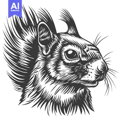 Aset premium populer: Black and White Line Art Illustration of a Squirrel's Head