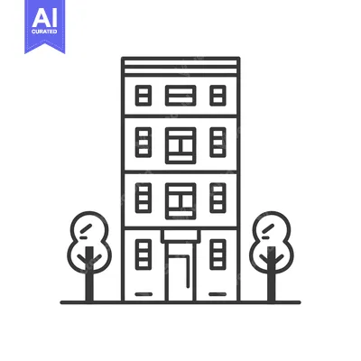 Aset desain premium: Black and White Line Art Illustration of a Three-Story Building with T