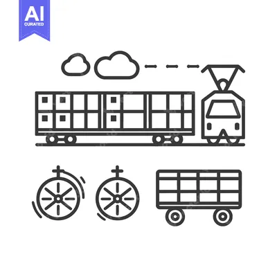 Aset premium populer: Black and White Line Art Illustration of a Train, a Wagon, and Wheels