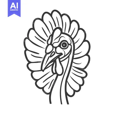 Premium design asset: Black and White Line Art Illustration of a Turkey Head with Feathers