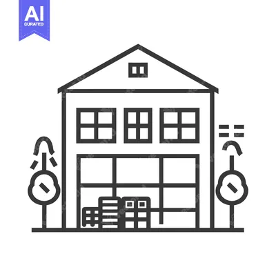 Aset premium populer: Black and white line art illustration of a warehouse building with doo