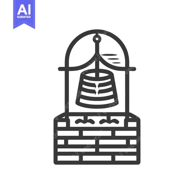 Aset desain premium: Black and white line art illustration of a well with a bucket