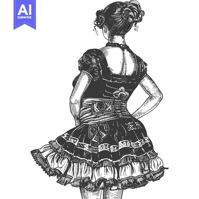 Premium design asset: Black and White Line Art Illustration of a Woman in a Dress with Ruffl