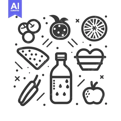 Aset desain premium: Black and White Line Art Illustration of Fresh Produce and a Bottle of