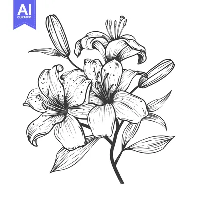 Premium design asset: Black and White Line Art Illustration of Lily Flowers