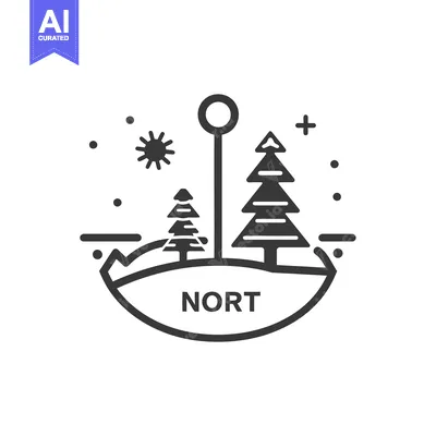 Aset premium populer: Black and White Line Art Logo with Sun, Trees, and the Word "NORT"