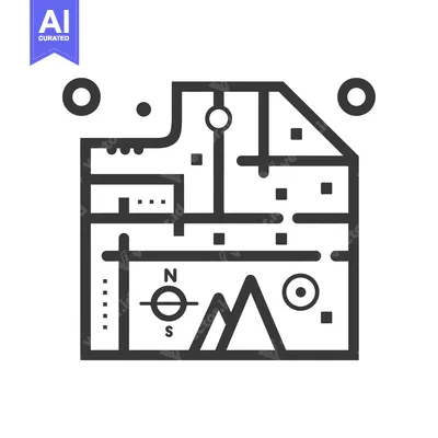 Aset desain premium: Black and White Line Art Map with Mountains, Compass, and City Feature