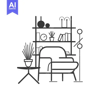 Aset premium populer: Black and White Line Art of a Living Room with a Sofa, Shelf, and a Si