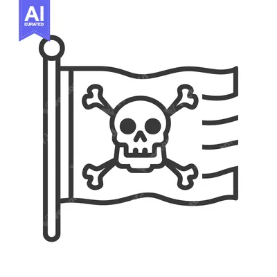 Aset desain premium: Black and White Line Art of a Pirate Flag with a Skull and Crossbones