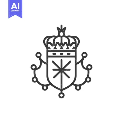 Aset desain premium: Black and White Line Art of a Shield, Crown and Starburst