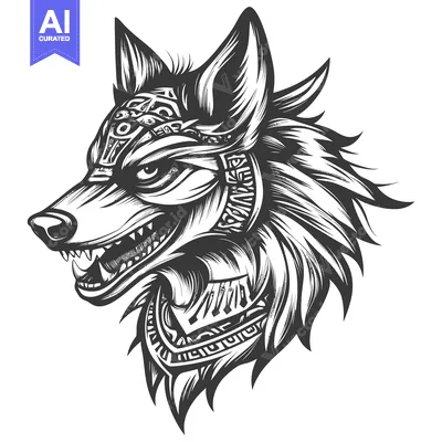 Popular premium asset: Black and White Line Art of a Wolf's Head with Geometric Patterns