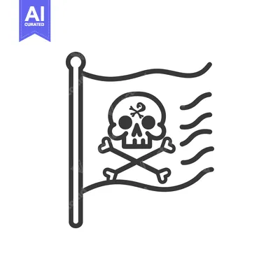 Aset desain premium: Black and White Line Art Pirate Flag with Skull and Crossbones