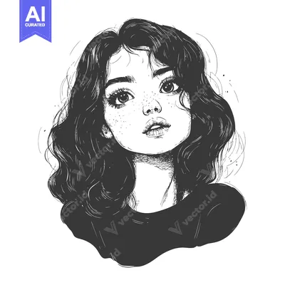 Aset desain premium: Black and White Line Art Portrait of a Woman with Freckles and Wavy Ha