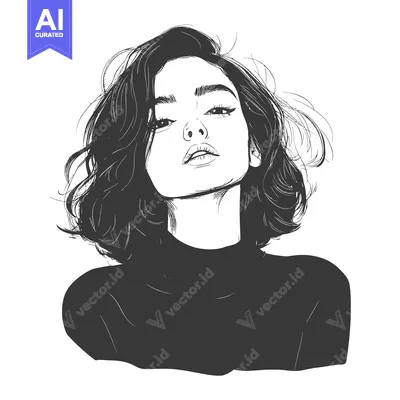 Aset premium populer: Black and White Line Art Portrait of a Woman with Short Hair