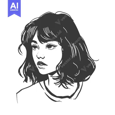 Popular premium asset: Black and White Line Art Portrait of a Young Woman with Short Hair