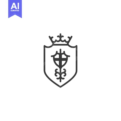 Premium design asset: Black and White Line Art Shield with Crown and Cross