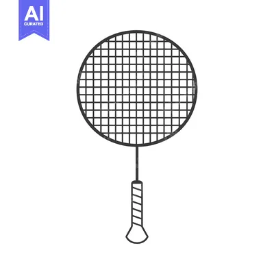 Aset desain premium: Black and White Line Drawing of a Badminton Racket