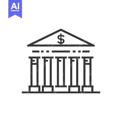 Aset desain premium: Black and White Line Drawing of a Bank Building with a Dollar Sign