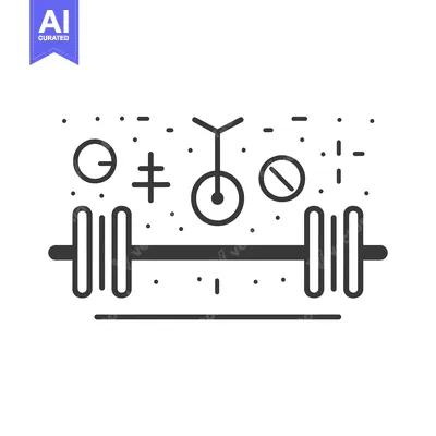 Aset desain premium: Black and white line drawing of a barbell with a unicycle above it