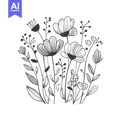 Aset premium populer: Black and White Line Drawing of a Bouquet of Flowers