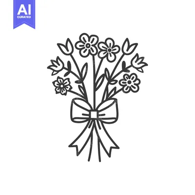 Premium design asset: Black and White Line Drawing of a Bouquet of Flowers with a Bow