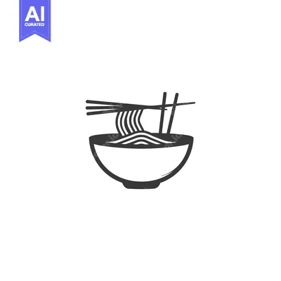 Aset desain premium: Black and White Line Drawing of a Bowl of Noodles and Chopsticks