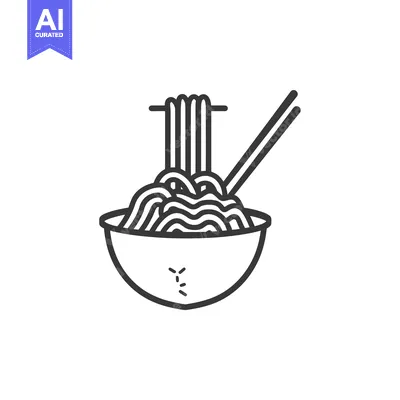 Premium design asset: Black and white line drawing of a bowl of noodles with chopsticks