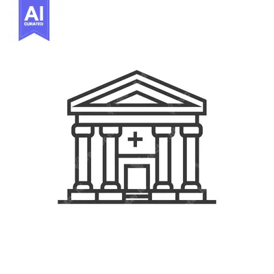 Premium design asset: Black and White Line Drawing of a Building with a Cross Above the Entr