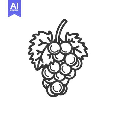 Premium design asset: Black and White Line Drawing of a Bunch of Grapes with a Leaf