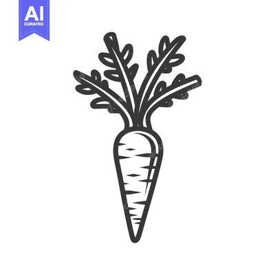 Aset desain premium: Black and White Line Drawing of a Carrot with Green Leaves