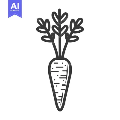Premium design asset: Black and White Line Drawing of a Carrot with Green Tops