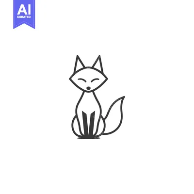 Aset desain premium: Black and white line drawing of a cartoon fox sitting with its tail cu