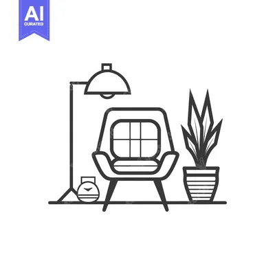 Premium design asset: Black and White Line Drawing of a Chair, Lamp, and Plant in a Room