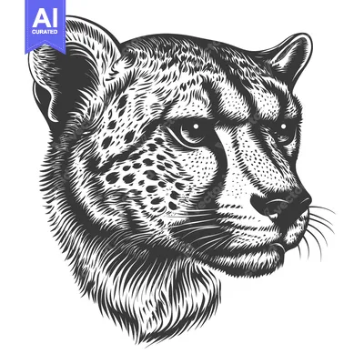 Aset desain premium: Black and White Line Drawing of a Cheetah's Head