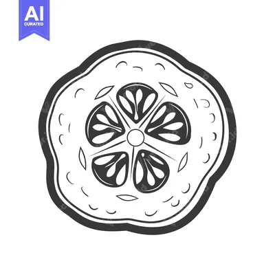 Aset desain premium: Black and White Line Drawing of a Cucumber Slice