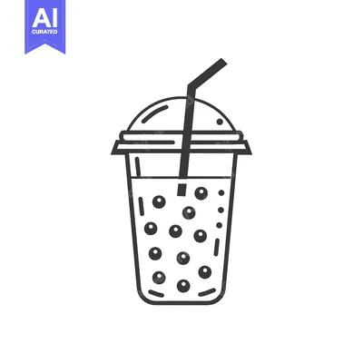 Premium design asset: Black and White Line Drawing of a Cup of Boba Tea with a Straw