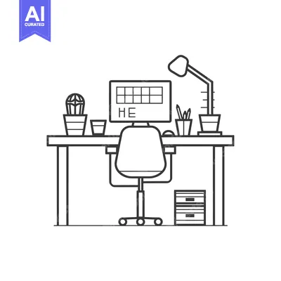 Aset premium populer: Black and white line drawing of a desk with a computer, chair, and pla