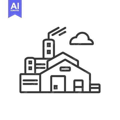 Popular premium asset: Black and White Line Drawing of a Factory Building with Smoke Stack