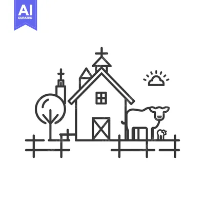 Premium design asset: Black and White Line Drawing of a Farm Scene