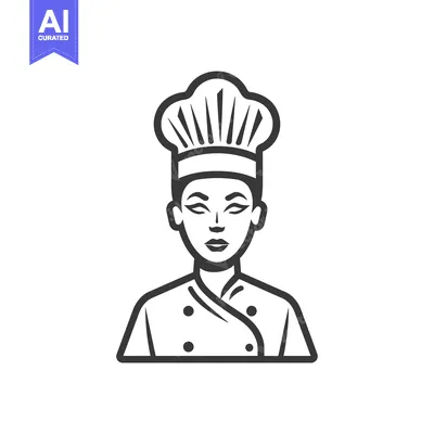 Aset desain premium: Black and White Line Drawing of a Female Chef
