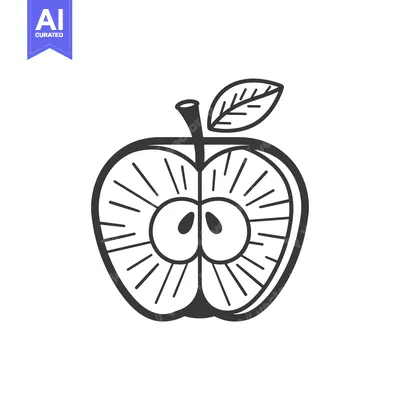 Aset desain premium: Black and White Line Drawing of a Halved Apple with a Leaf