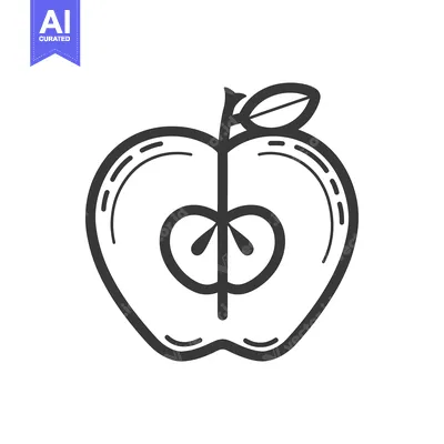 Aset premium populer: Black and White Line Drawing of a Halved Apple with a Stem and Leaf