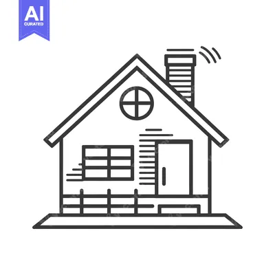 Aset desain premium: Black and White Line Drawing of a House with a Chimney
