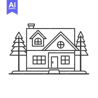 Premium design asset: Black and White Line Drawing of a House with Two Trees