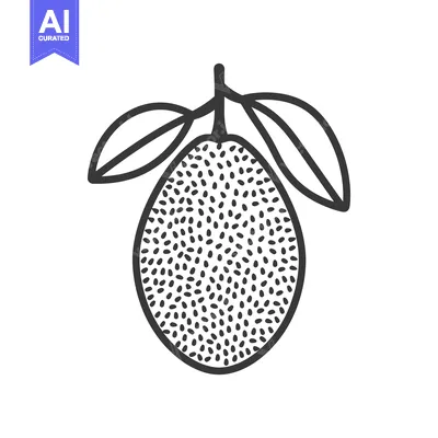Aset desain premium: Black and White Line Drawing of a Jackfruit with Leaves